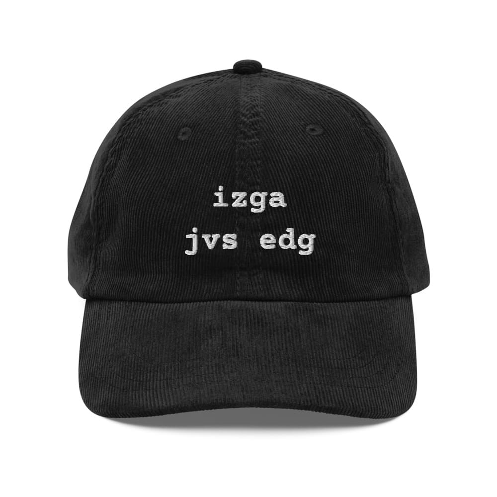 a black corduroy cap with stitched letters